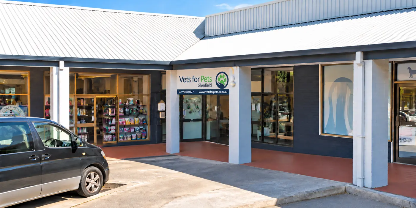 The Vets for Pets Glenfield shopfront, with the clinic sign above the entrance