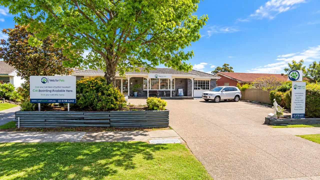 The Vets for Pets Moorebank clinic from the street, with its front garden, signage and car park