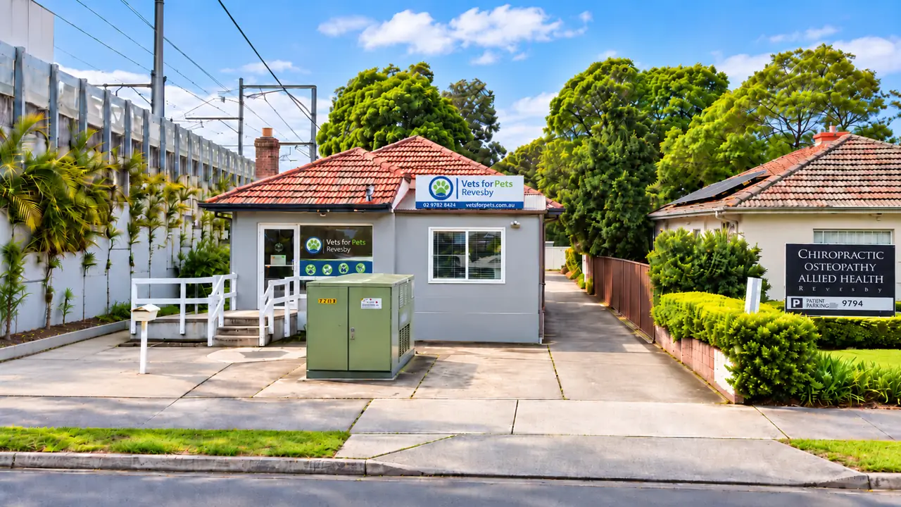 The Vets for Pets Revesby clinic from the street, with the clinic sign on the roofline