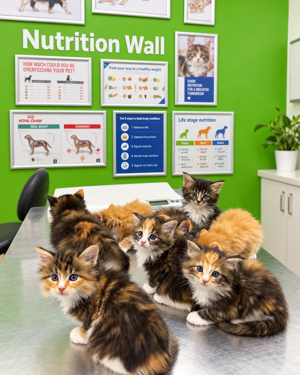 A litter of kittens on the examination table in front of the Nutrition Wall at Vets for Pets