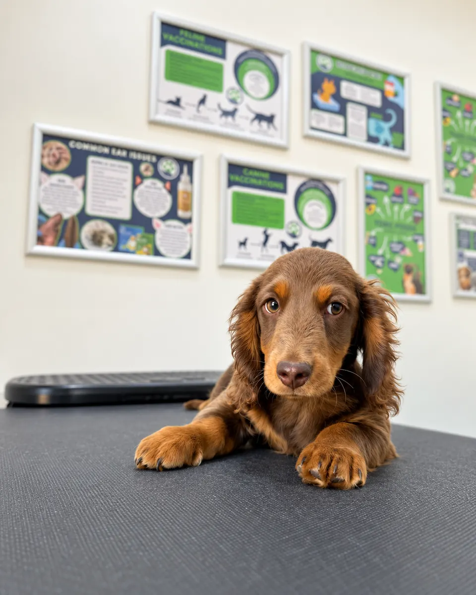 A chocolate puppy lying on the examination table at Vets for Pets