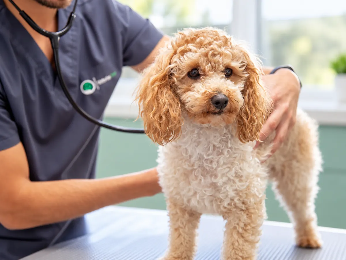 A Vets for Pets veterinarian listening to a curly-coated puppy’s heart with a stethoscope