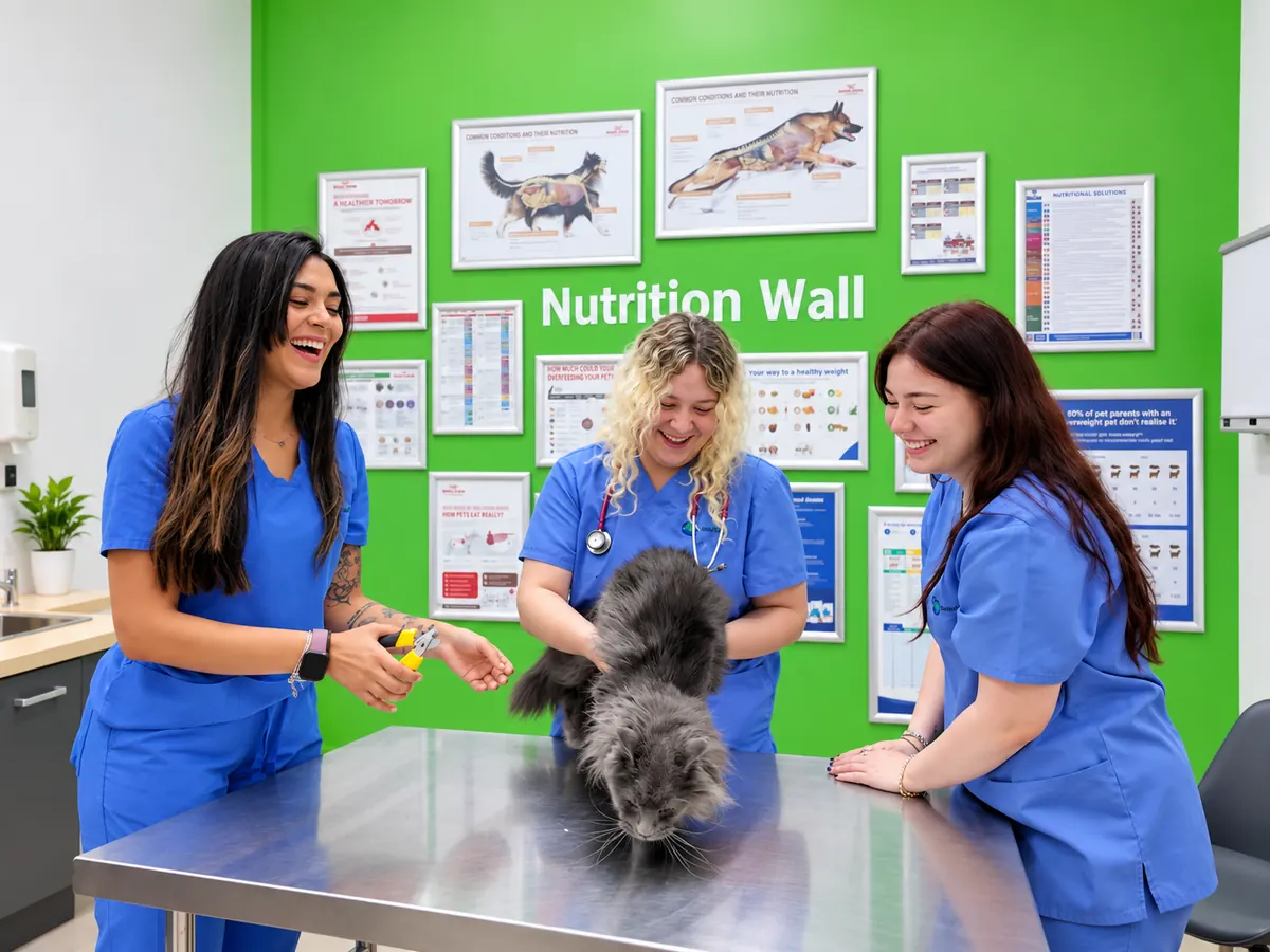 Three Vets for Pets nurses with a fluffy grey cat in front of the clinic’s Nutrition Wall