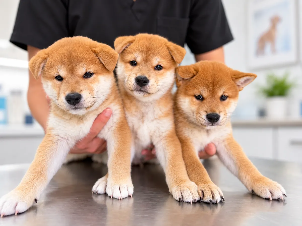 Three Shiba Inu puppies being held on the examination table at Vets for Pets