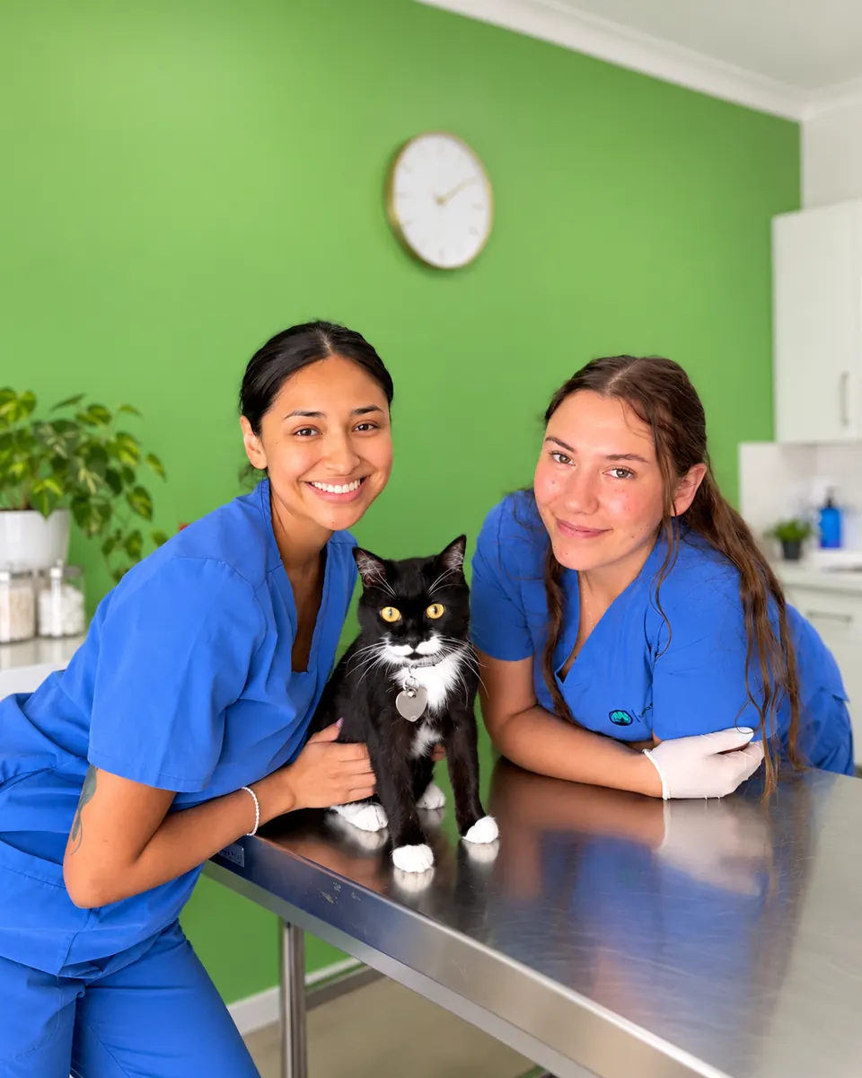 Two Vets for Pets nurses with a black-and-white cat on the examination table
