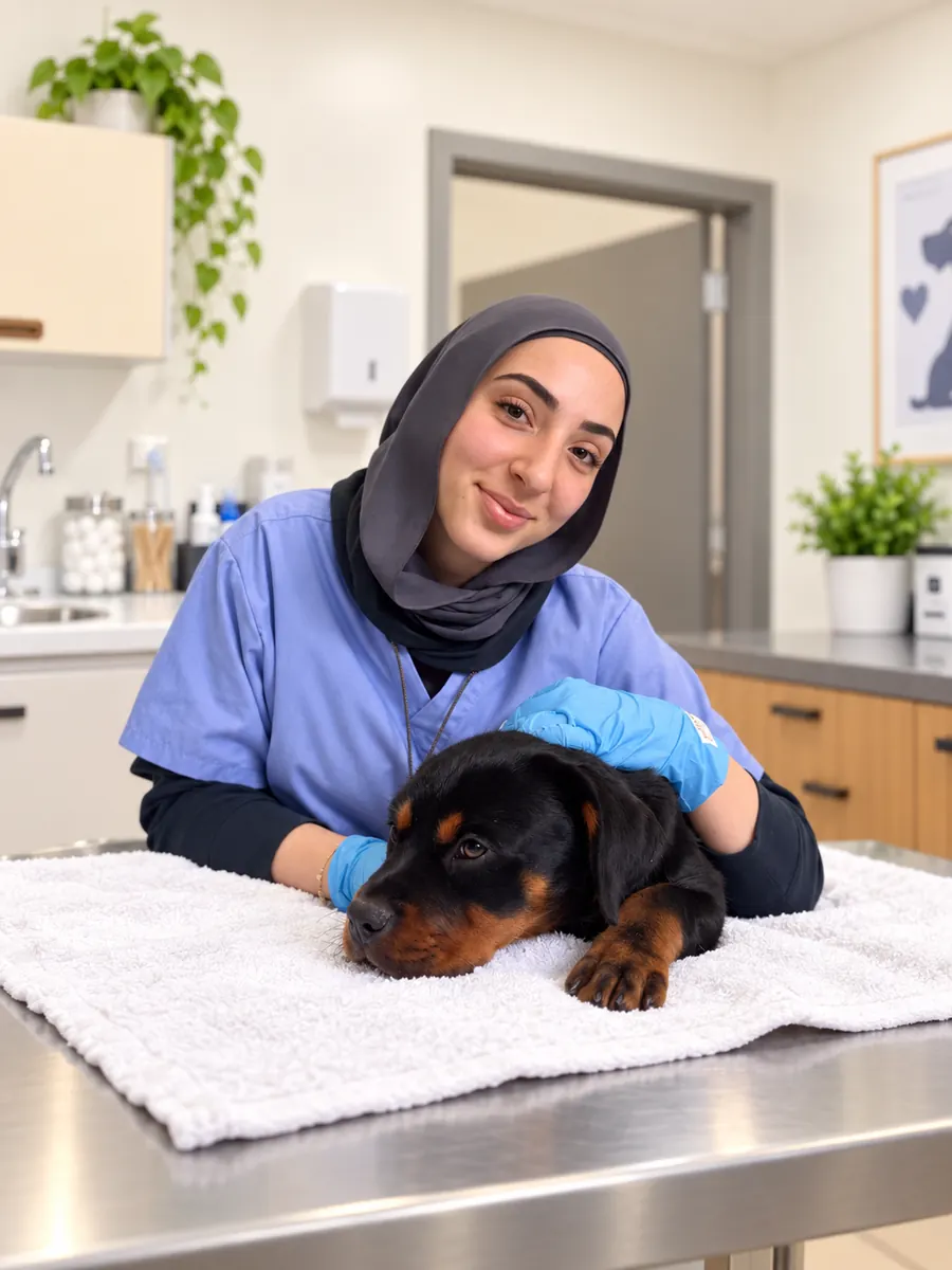 A Vets for Pets nurse in gloves gently holding a Rottweiler puppy on a towel