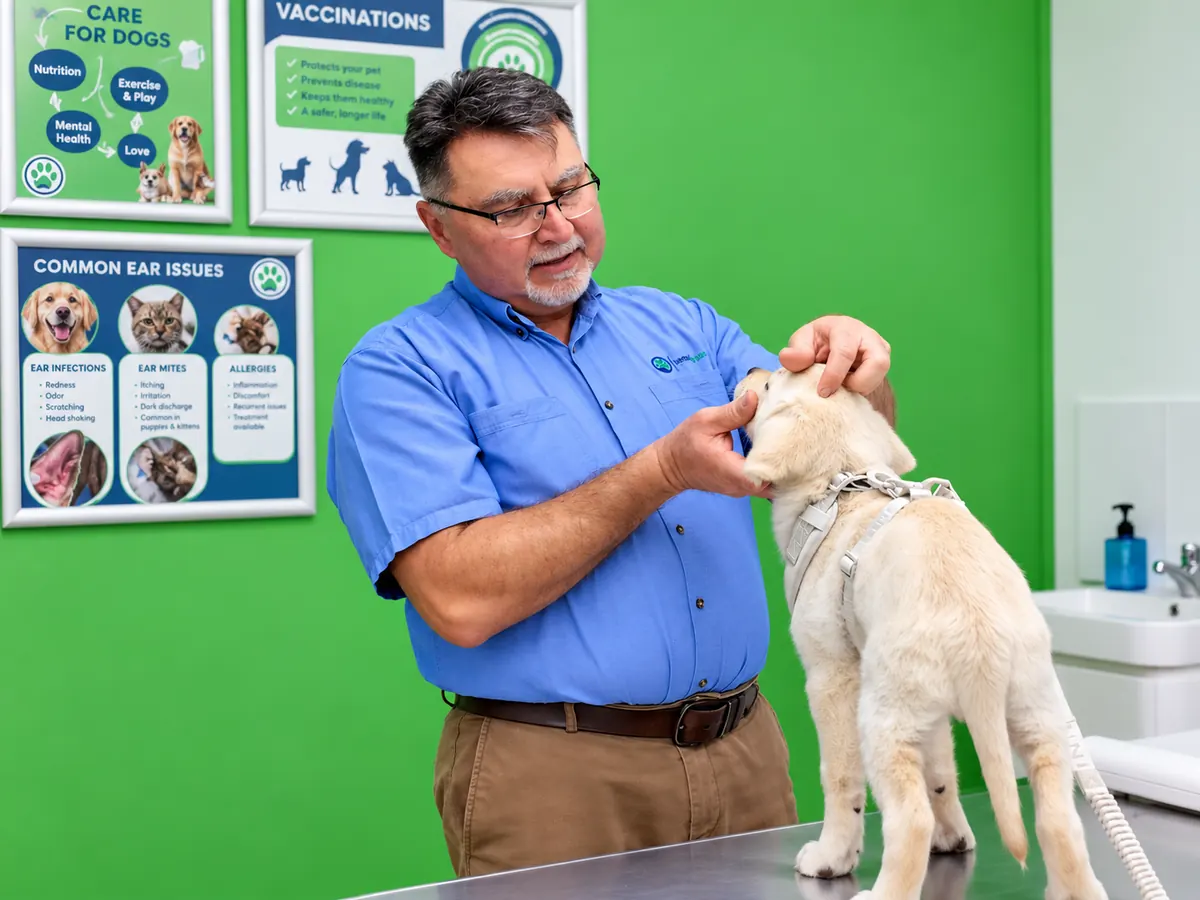 A Vets for Pets veterinarian checking a young golden puppy’s ears during a health check